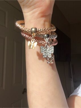 Gold and Rose Gold Butterfly Charm Stackable Women’s Bracelet Set